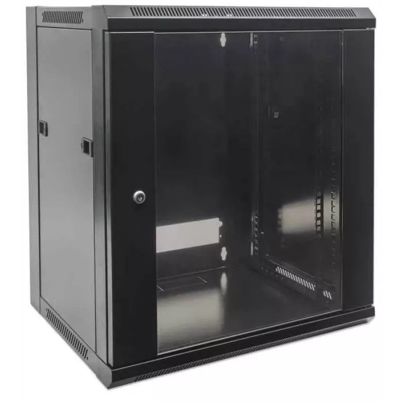 Armario de red Intellinet 19 inch - montaje en pared (estándar), 15HE, 600 mm de profundidad, negro, desmontado, máx. 60 kg, puerta de metal y cristal, panel trasero, laterales desmontables, también apto para colocación sobre mesa o suelo, profundidad útil 410 mm, piezas de montaje en pared no incluidas