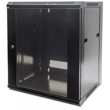 Armario de red Intellinet 19 pulgadas - montaje en pared (estándar), 15U, 450mm de profundidad, negro, embalaje plano, máx. 60kg, puerta de metal y cristal, panel trasero, laterales desmontables, también apto para uso sobre escritorio o suelo, profundidad útil 260mm a 350mm, T
