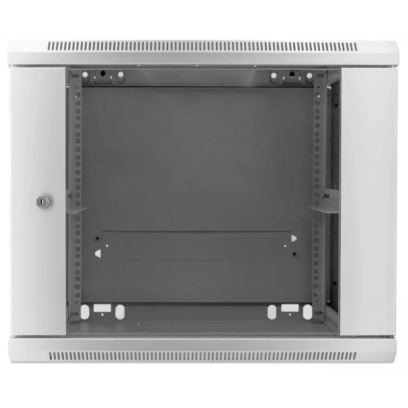Armario de red Intellinet 19 pulgadas – montaje en pared (estándar), 9U, 600 mm de profundidad, gris, montado, máx. 60 kg, también apto para colocación sobre mesa o suelo, profundidad útil 500 mm, puerta de metal y cristal, panel trasero, laterales desmontables, piezas para montaje en pared (p. ej. tornillos/tacos) no incluidas