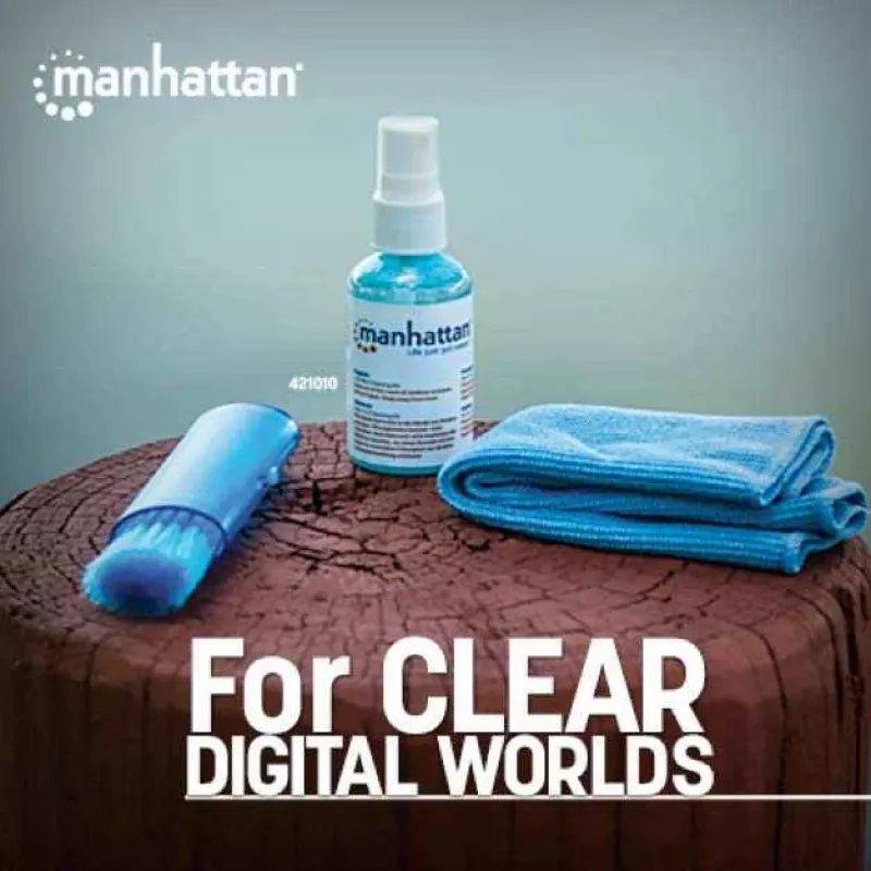 Kit de limpieza de pantallas Manhattan (Mini), sin alcohol, incluye solución de limpieza (60 ml), cepillo y paño de microfibra, ideal para monitores/portátiles/teclados, etc., tres años de garantía