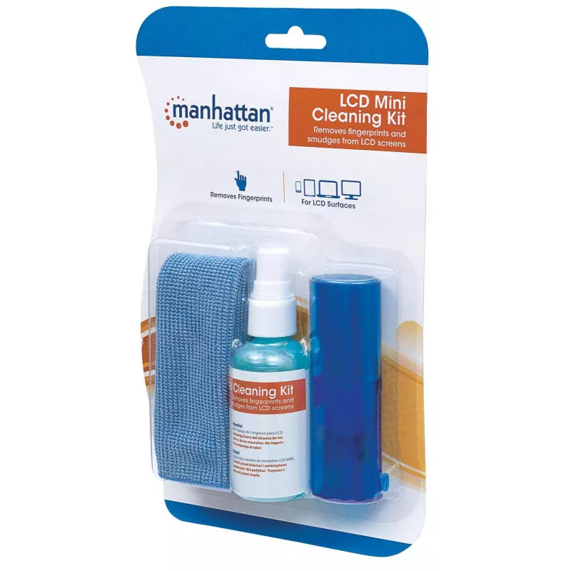 Kit de limpieza de pantallas Manhattan (Mini), sin alcohol, incluye solución de limpieza (60 ml), cepillo y paño de microfibra, ideal para monitores/portátiles/teclados, etc., tres años de garantía