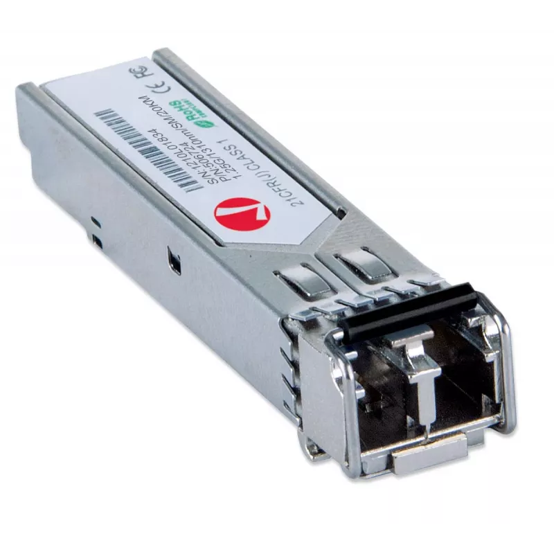 Módulo transceptor Intellinet óptico, Gigabit Fiber SFP Mini-GBIC, puerto 1000Base-Lx (LC) monomodo, 20 km, longitud de onda 1310 nm, Ethernet, fibra óptica, conforme a MSA, equivalente a Cisco GLC-LH-SM, tres años de garantía