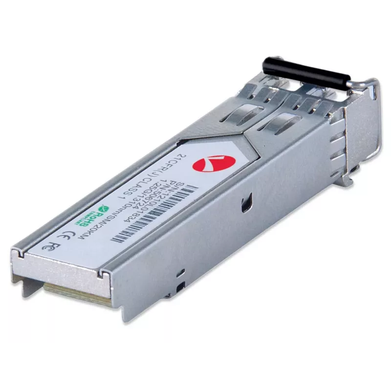 Módulo transceptor Intellinet óptico, Gigabit Fiber SFP Mini-GBIC, puerto 1000Base-Lx (LC) monomodo, 20 km, longitud de onda 1310 nm, Ethernet, fibra óptica, conforme a MSA, equivalente a Cisco GLC-LH-SM, tres años de garantía