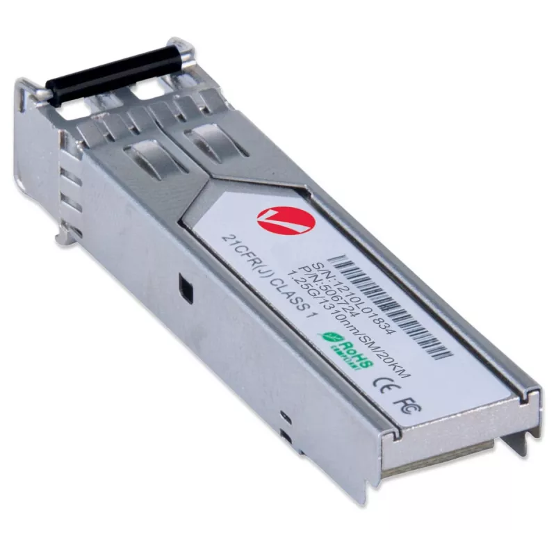 Módulo transceptor Intellinet óptico, Gigabit Fiber SFP Mini-GBIC, puerto 1000Base-Lx (LC) monomodo, 20 km, longitud de onda 1310 nm, Ethernet, fibra óptica, conforme a MSA, equivalente a Cisco GLC-LH-SM, tres años de garantía