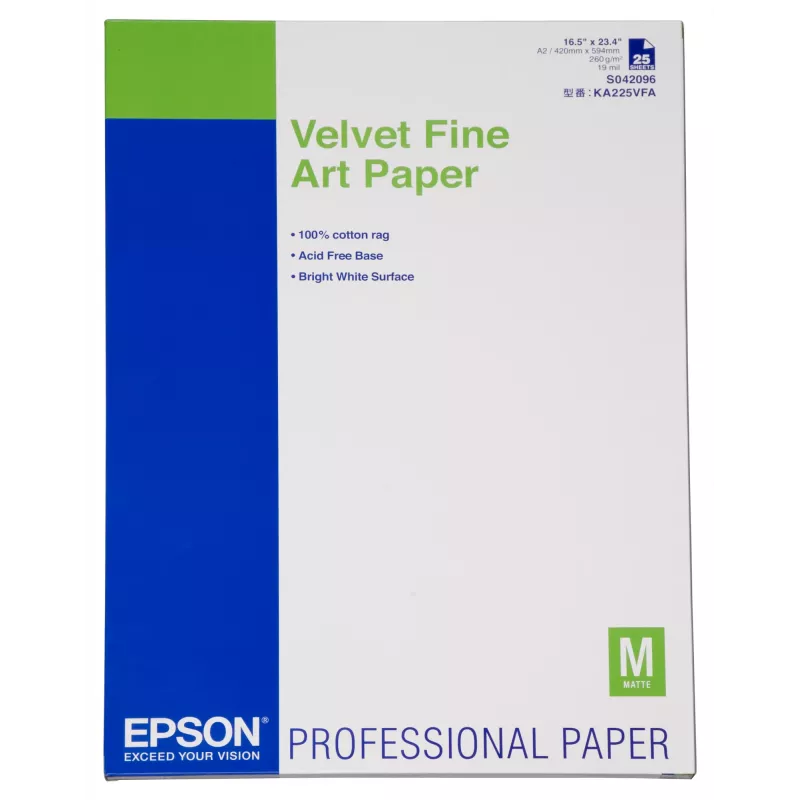 Epson Velvet Fine Art Papel, DIN A2, 260 g/m², 25 hojas, 42 cm, Mate, 480 µm, 260 g/m²