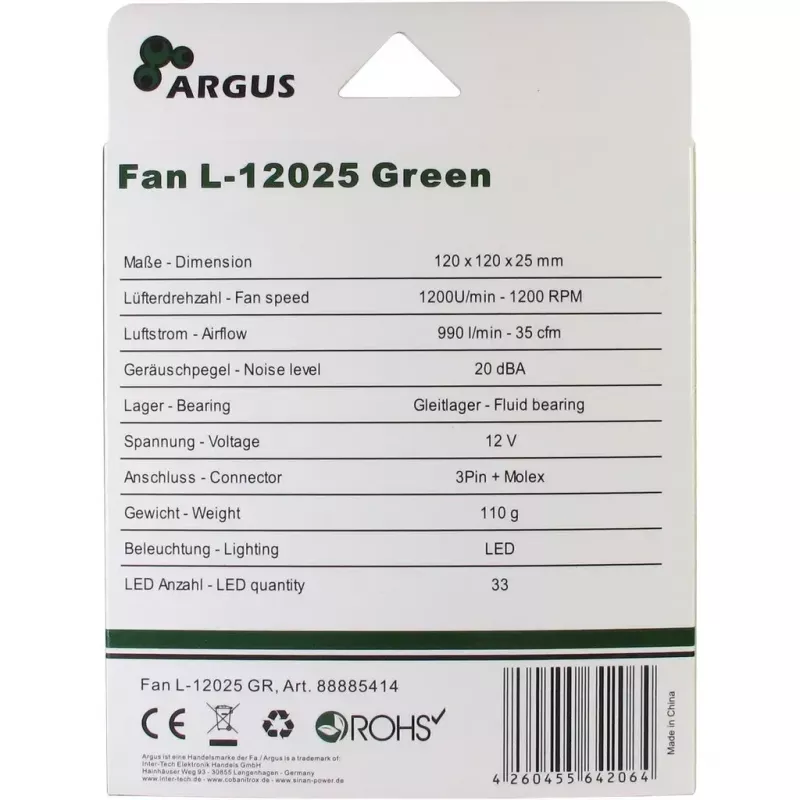 Ventilador Inter-Tech L-12025 ventilador para caja de ordenador 12 cm negro verde