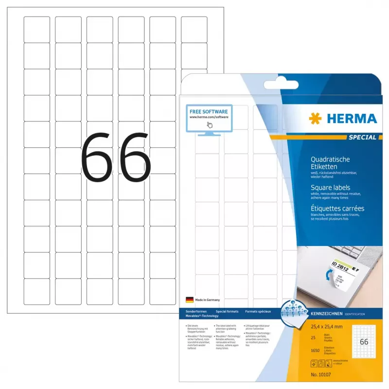 Etiquetas autoadhesivas HERMA Removable A4 25,4x25,4 mm 1650 uds.