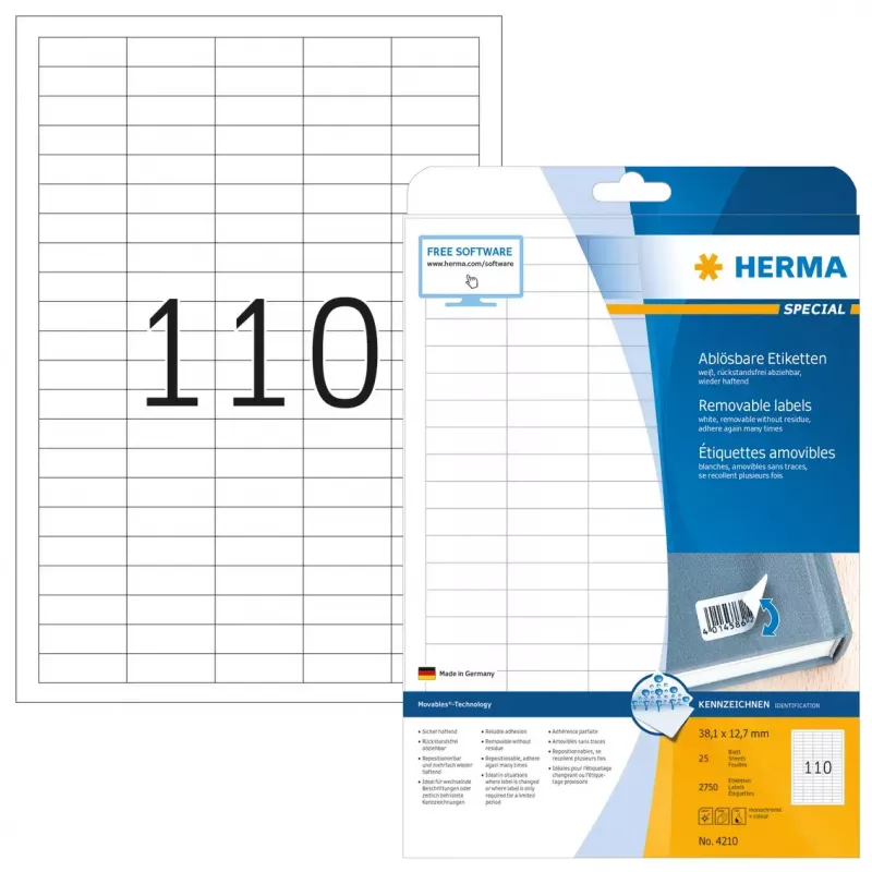 Etiquetas de impresora autoadhesivas HERMA despegables A4 38,1x12,7 mm