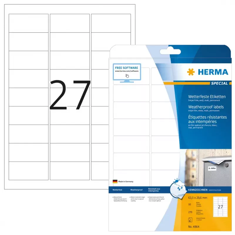 Etiquetas para inyección de tinta HERMA A4 63,5x29,6 mm película blanca mate resistente a la intemperie 270 uds.