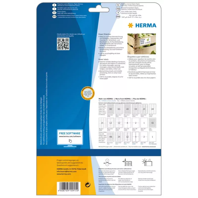 Etiquetas A4 HERMA Ø 30 mm redondas blanco adherencia extrarresistente 1200 uds.