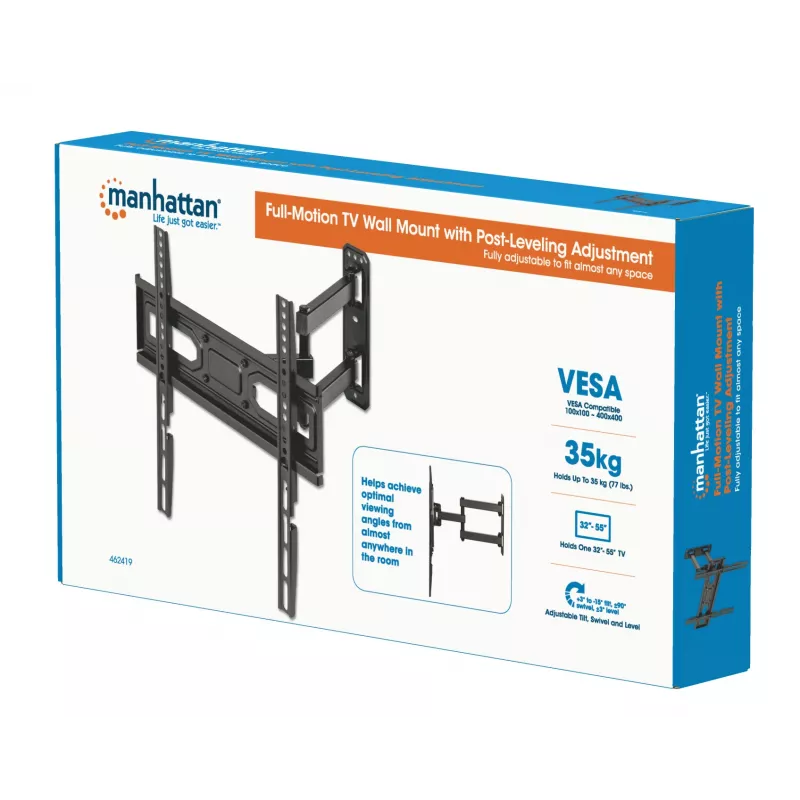 Manhattan Soporte de pared para TV y monitores (Full Motion), para pantallas de 32 inch a 55 inch, compatibilidad VESA: todas entre 100x100 mm y 400x400 mm - comprueba las dimensiones de los cuatro orificios de montaje en la parte trasera de la pantalla para asegurarte de que encaja, máx. 35 kg, Negro, soporte