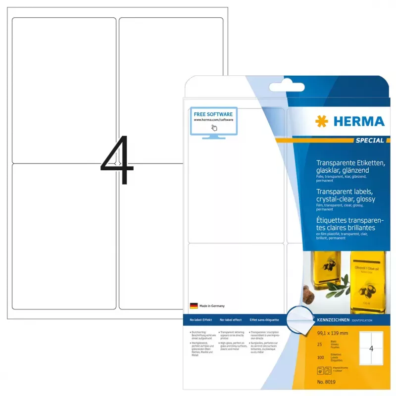 Etiqueta de impresora autoadhesiva HERMA Labels transparente cristalino A4 99,1 x 139 mm