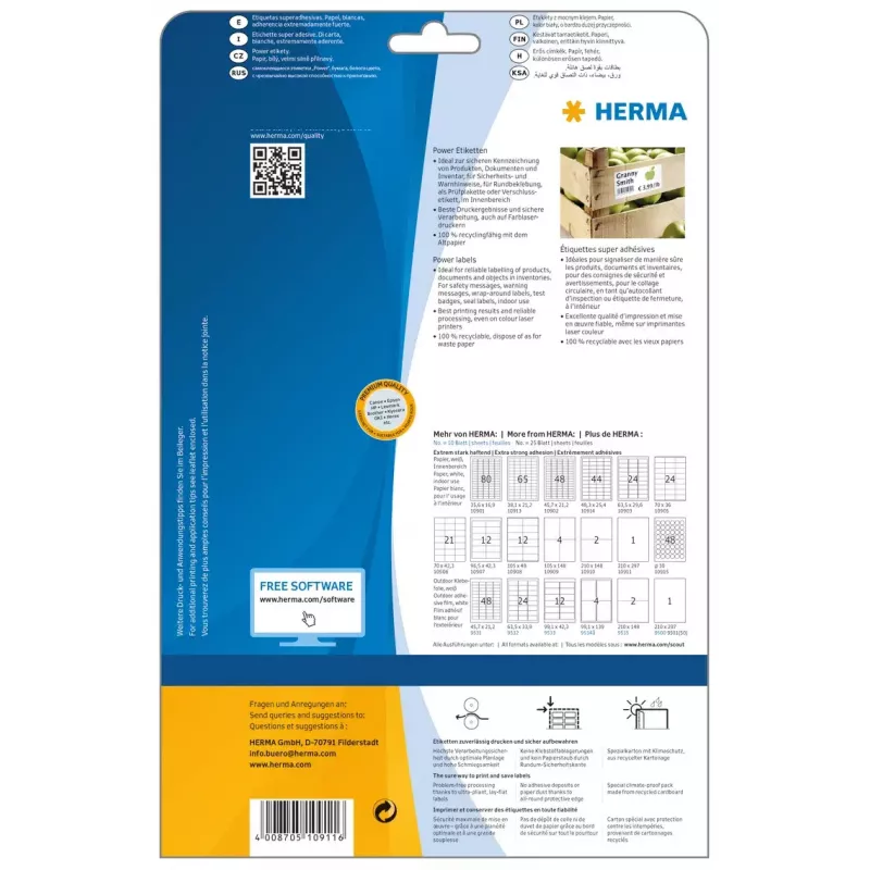 Etiqueta de impresora autoadhesiva HERMA Labels A4 210x297 mm blanco extra adherente papel mate 25 uds.