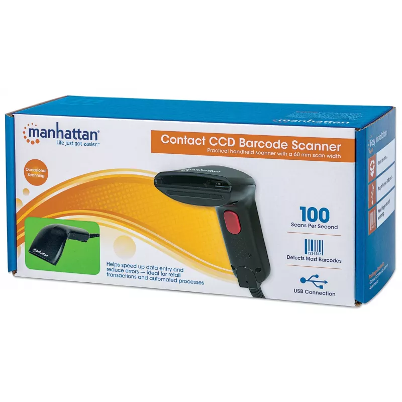 Manhattan Lector de códigos de barras de mano Contact CCD, USB, ancho de escaneo 60 mm, cable 152 cm, luz ambiental máx. 5.000 lux (luz solar), Negro, tres años de garantía