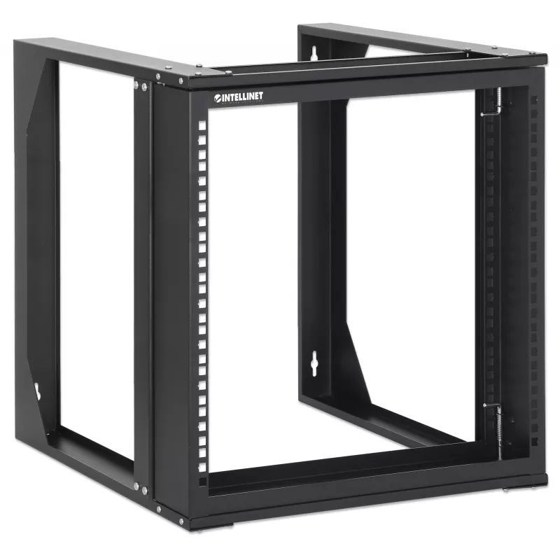 Intellinet armario de red de montaje en pared open-frame de 19 pulgadas, 9HE, marco giratorio con puerta frontal abatible, embalaje plano, 2 postes, 450 mm de profundidad, negro RAL 9004