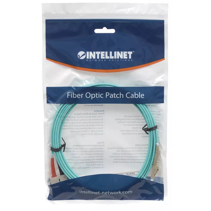 Intellinet Cable de fibra óptica patch, OM3, LC/SC, 3 m, Aqua, Dúplex, Multimodo, 50/125 µm, LSZH, Fibra, garantía de por vida
