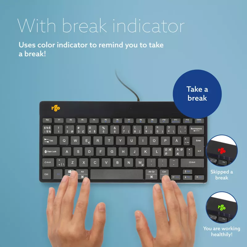 Teclado ergonómico R-Go Tools R-Go Compact Break, teclado compacto con software de pausas, QWERTY (NORDIC), con cable, negro