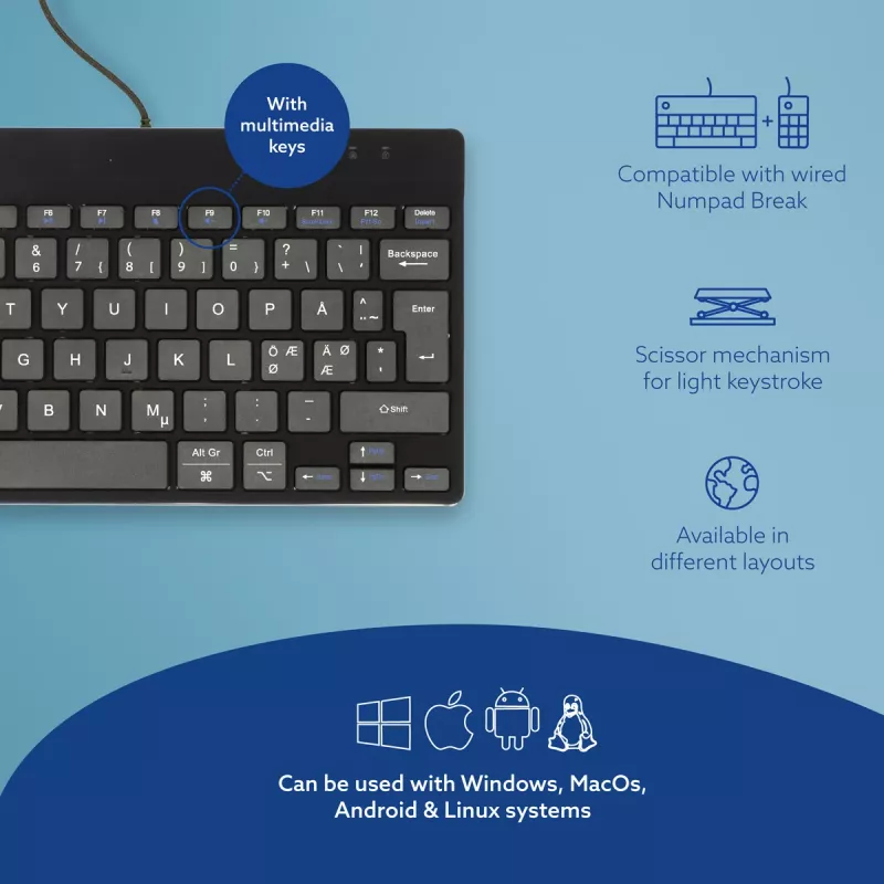 Teclado ergonómico R-Go Tools R-Go Compact Break, teclado compacto con software de pausas, QWERTY (NORDIC), con cable, negro