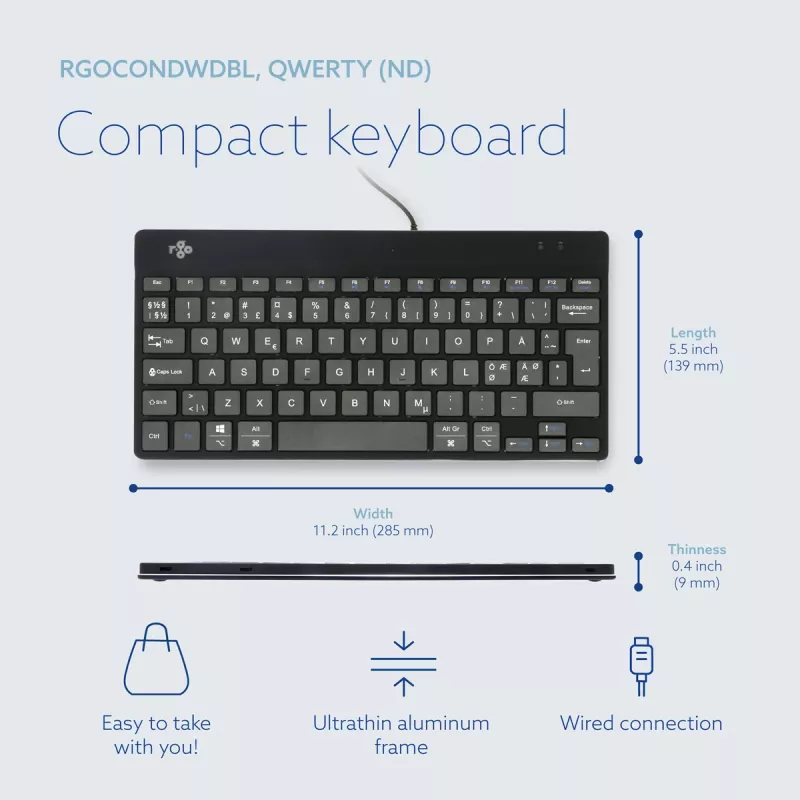 Teclado ergonómico R-Go Tools R-Go Compact Break, teclado compacto con software de pausas, QWERTY (NORDIC), con cable, negro