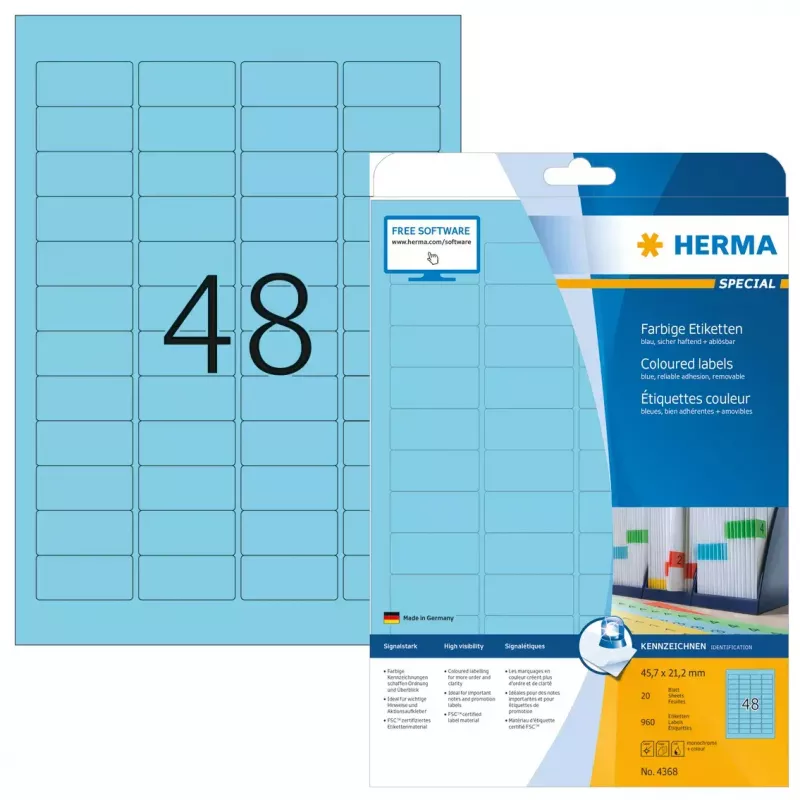 Etiquetas autoadhesivas para impresora HERMA Coloured Labels A4 45,7x21,2 mm azul