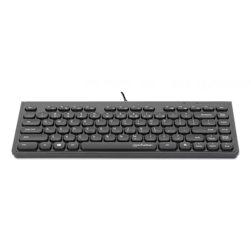 Manhattan teclado USB compacto con cable, 12 teclas multimedia/función, cable USB-A de 1,5 m integrado, formato compacto de perfil bajo, para PC y portátil, negro