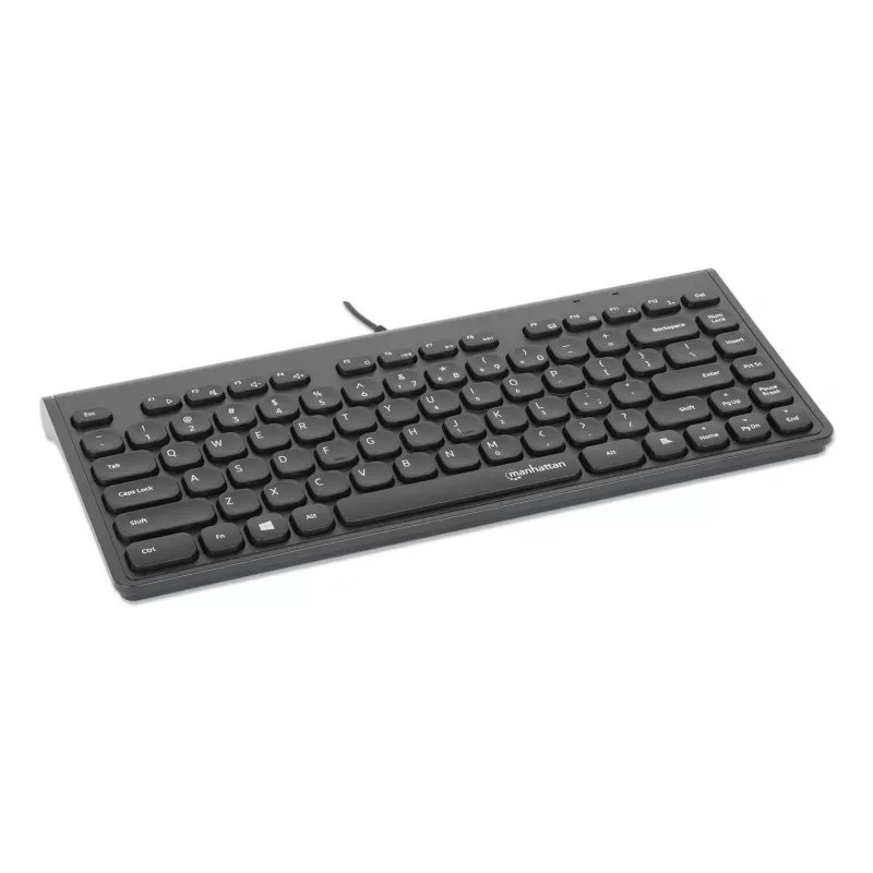 Manhattan teclado USB compacto con cable, 12 teclas multimedia/función, cable USB-A de 1,5 m integrado, formato compacto de perfil bajo, para PC y portátil, negro