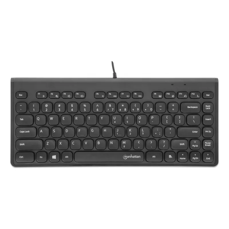 Manhattan teclado USB compacto con cable, 12 teclas multimedia/función, cable USB-A de 1,5 m integrado, formato compacto de perfil bajo, para PC y portátil, negro