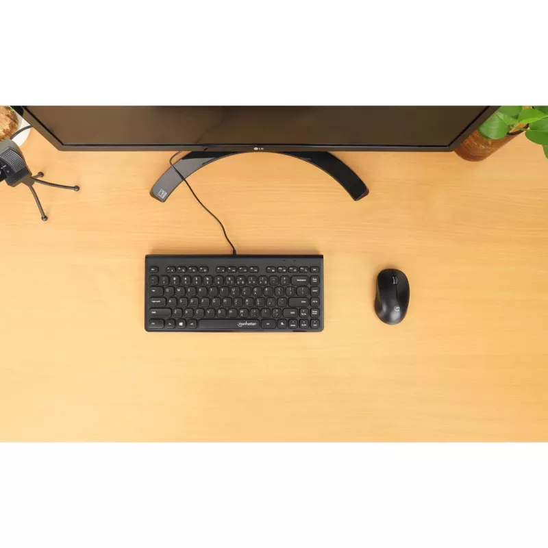 Manhattan teclado USB compacto con cable, 12 teclas multimedia/función, cable USB-A de 1,5 m integrado, formato compacto de perfil bajo, para PC y portátil, negro