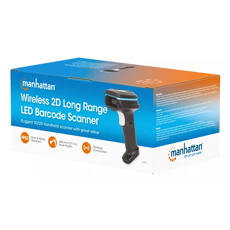 Lector de códigos de barras 2D de mano inalámbrico Manhattan, profundidad de escaneo 250 mm, alcance efectivo de hasta 80 m (línea de visión), luz ambiental máx. 100.000 lux (luz solar), negro, cable de carga (USB-A a USB-C al dispositivo) 1 m incluido, tres años de garantía