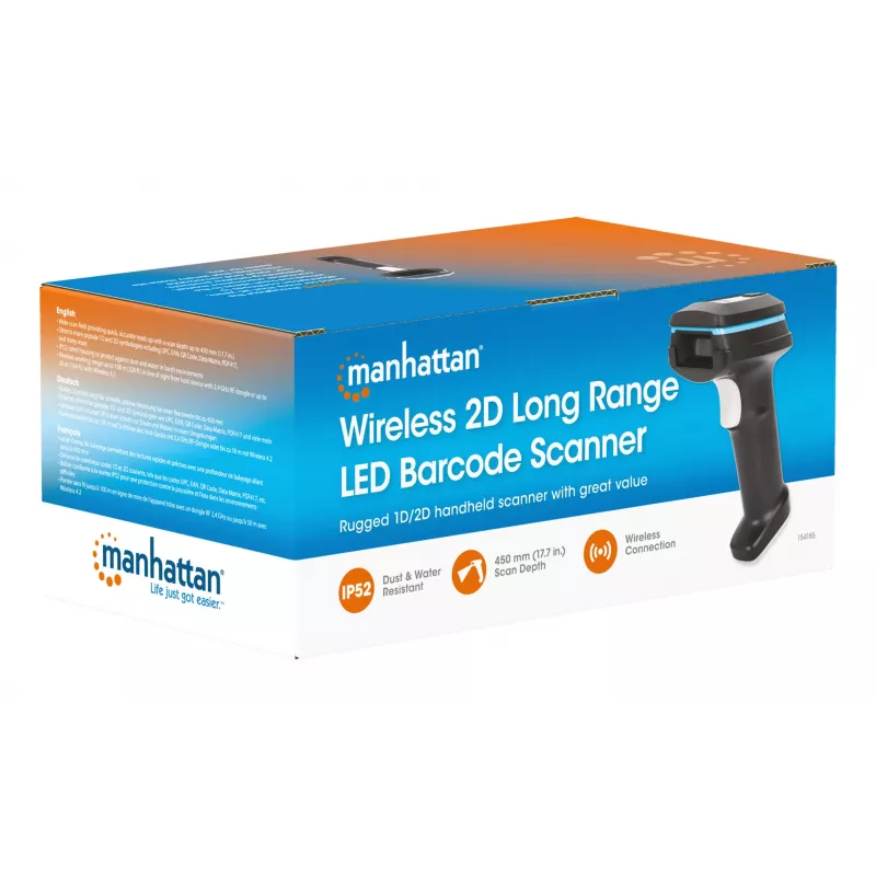 Lector de códigos de barras 2D de mano inalámbrico Manhattan, profundidad de escaneo 250 mm, alcance efectivo de hasta 80 m (línea de visión), luz ambiental máx. 100.000 lux (luz solar), negro, cable de carga (USB-A a USB-C al dispositivo) 1 m incluido, tres años de garantía