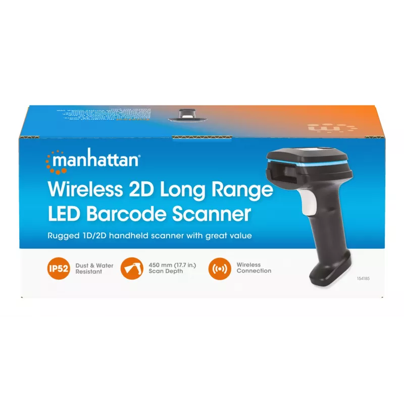 Lector de códigos de barras 2D de mano inalámbrico Manhattan, profundidad de escaneo 250 mm, alcance efectivo de hasta 80 m (línea de visión), luz ambiental máx. 100.000 lux (luz solar), negro, cable de carga (USB-A a USB-C al dispositivo) 1 m incluido, tres años de garantía