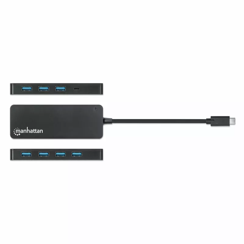 Dock/hub USB-C Manhattan, conexiones (x7): USB-A (x7), 5 Gbit/s (USB 3.2 Gen1, también conocido como USB 3.0), no requiere fuente de alimentación externa, universal para todos los dispositivos, cable 15 cm, SuperSpeed USB, negro, tres años de garantía