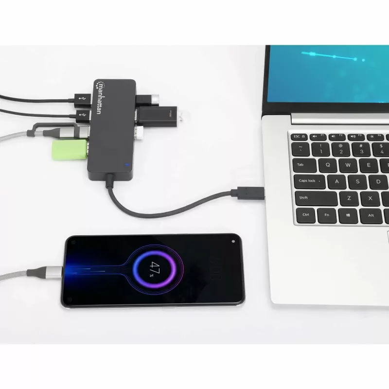 Dock/hub USB-C Manhattan, conexiones (x7): USB-A (x7), 5 Gbit/s (USB 3.2 Gen1, también conocido como USB 3.0), no requiere fuente de alimentación externa, universal para todos los dispositivos, cable 15 cm, SuperSpeed USB, negro, tres años de garantía