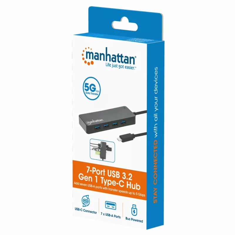 Dock/hub USB-C Manhattan, conexiones (x7): USB-A (x7), 5 Gbit/s (USB 3.2 Gen1, también conocido como USB 3.0), no requiere fuente de alimentación externa, universal para todos los dispositivos, cable 15 cm, SuperSpeed USB, negro, tres años de garantía