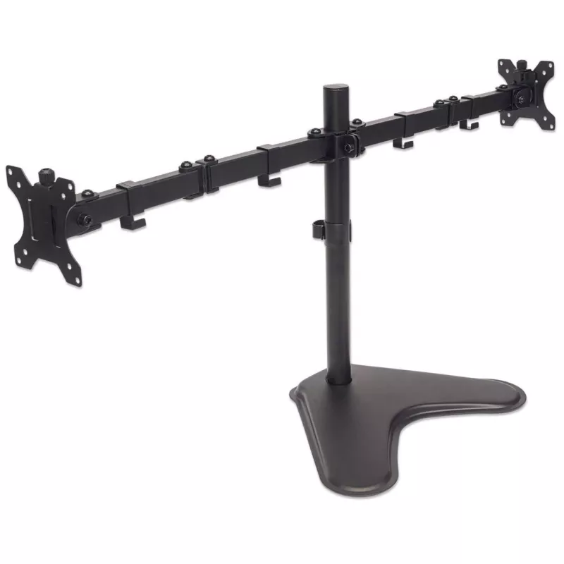 Soporte de escritorio doble Manhattan para TV y monitores (movimiento completo), montaje sobre superficie, para pantallas: 10-27 inch, compatibilidad VESA: 75x75 y 100x100 mm - comprueba las dimensiones de los cuatro orificios de montaje en la parte trasera de la pantalla para asegurarte de que encajan, máx. 8 kg (cada uno), negro, soporte
