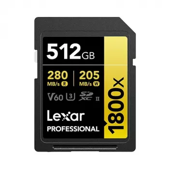 Lexar Professional 1800x 512 GB Tarjeta SDXC UHS-II (serie GOLD), hasta 280 MB/s de lectura, 205 MB/s de escritura, V60, U3, Clase 10, para cámaras DSLR/sin espejo