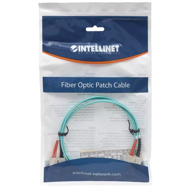 Intellinet cable de fibra óptica patch, OM3, SC/SC, 1 m, aqua, dúplex, multimodo, 50/125 µm, LSZH, fibra, garantía de por vida