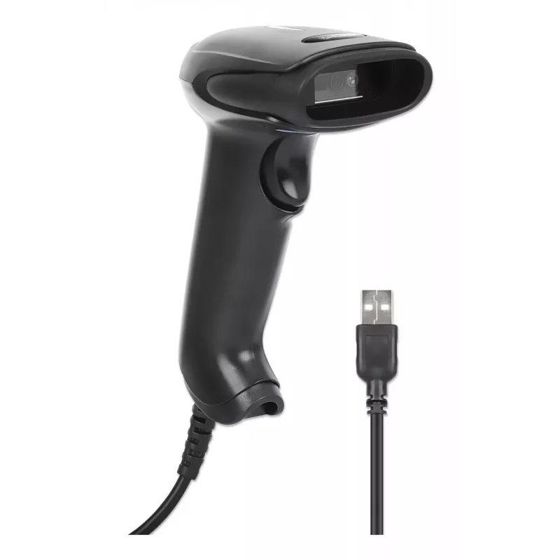 Manhattan Lector de códigos de barras 2D LED de mano 153997, USB-A, alcance de lectura 320 mm, cable de 1,4 m, negro