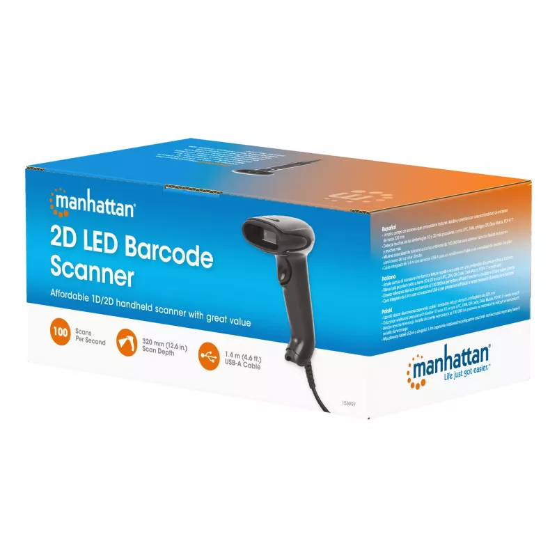 Manhattan Lector de códigos de barras 2D LED de mano 153997, USB-A, alcance de lectura 320 mm, cable de 1,4 m, negro
