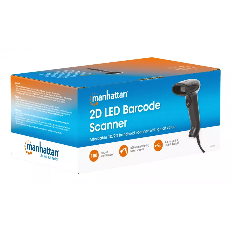 Manhattan Lector de códigos de barras 2D LED de mano 153997, USB-A, alcance de lectura 320 mm, cable de 1,4 m, negro