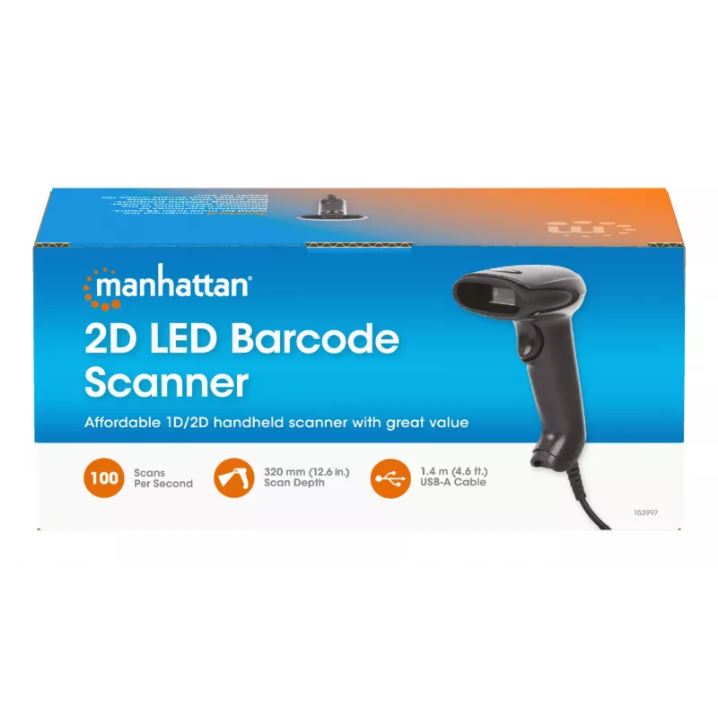 Manhattan Lector de códigos de barras 2D LED de mano 153997, USB-A, alcance de lectura 320 mm, cable de 1,4 m, negro