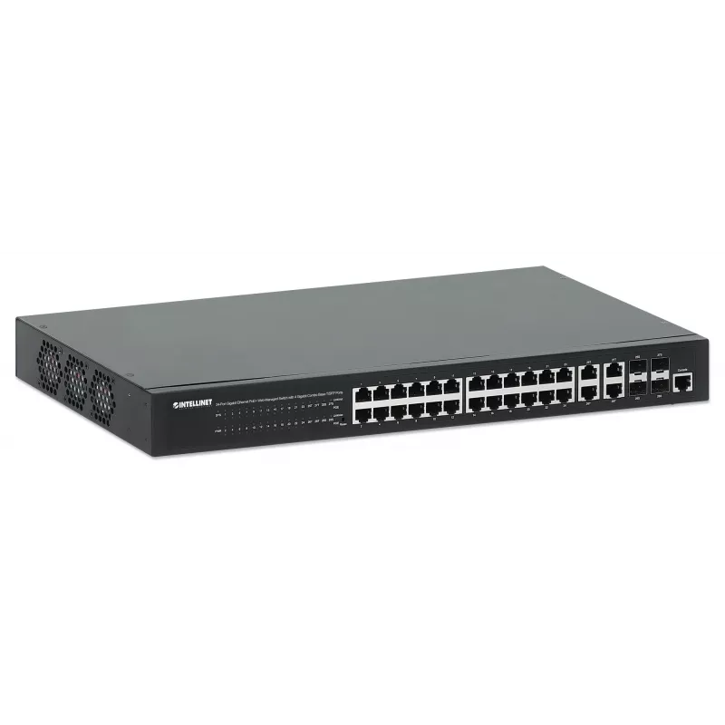 Intellinet switch Gigabit Ethernet PoE+ de 24 puertos gestionado por web con 4 puertos Gigabit Combo Base-T/SFP, conforme a IEEE 802.3at/af Power over Ethernet (PoE+/PoE), 370 W, Endspan, montaje en rack de 19