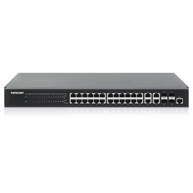 Intellinet switch Gigabit Ethernet PoE+ de 24 puertos gestionado por web con 4 puertos Gigabit Combo Base-T/SFP, conforme a IEEE 802.3at/af Power over Ethernet (PoE+/PoE), 370 W, Endspan, montaje en rack de 19