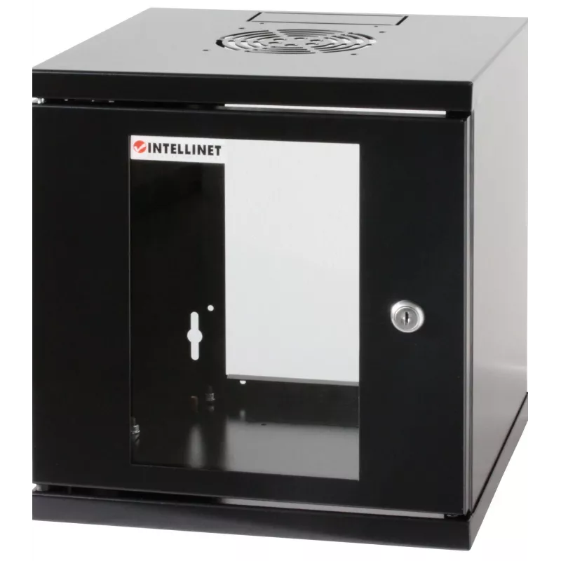 Armario de red Intellinet 10 inch – montaje en pared (estándar), 6HE, 300 mm de fondo, negro, montado, máx. 60 kg, también apto para colocación sobre mesa o suelo, profundidad útil 265 mm, puerta de metal y cristal, panel trasero, laterales desmontables, piezas para montaje en pared (p. ej. tornillos/tacos) no incluidas