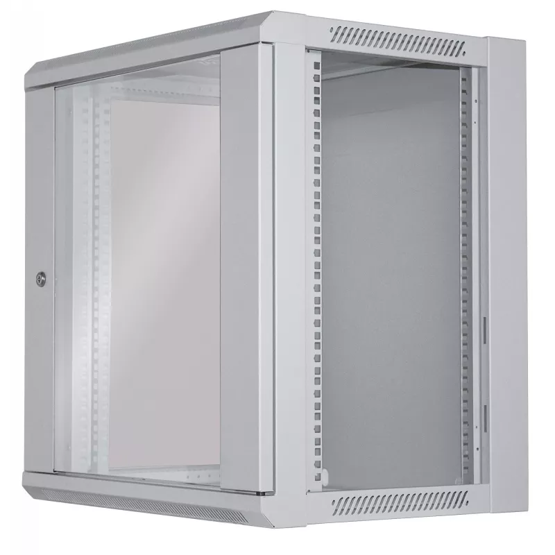 Armario de red Intellinet 19 inch – montaje en pared (estándar), 12HE, 450 mm de fondo, gris, desmontado, máx. 60 kg, también apto para colocación sobre mesa o suelo, profundidad útil 260 mm, puerta de metal y cristal, panel trasero, laterales desmontables, piezas de montaje en pared (p. ej. tornillos/tacos) no incluidas