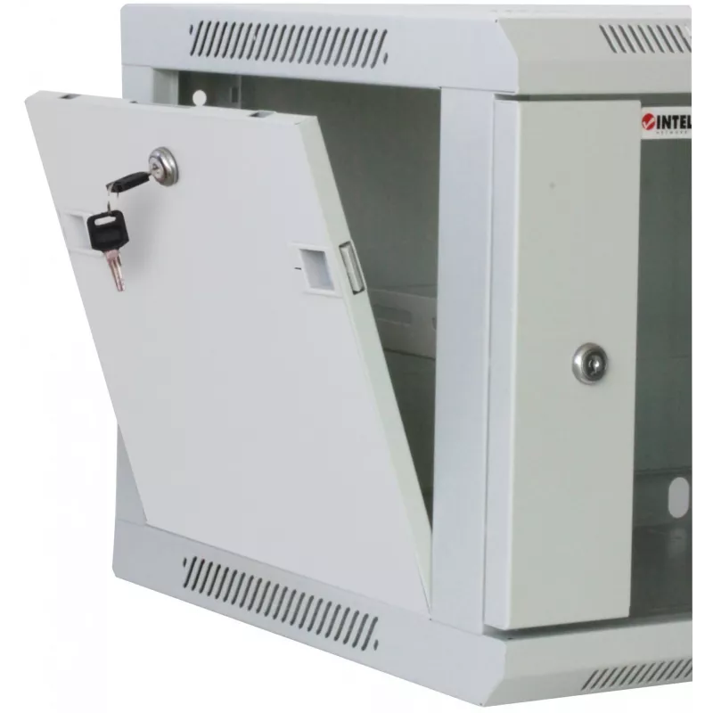 Intellinet Armario de red de 19 inch – montaje en pared (estándar), 20U, 450 mm de fondo, gris, montado, máx. 60 kg, puerta de metal y cristal, panel trasero, laterales desmontables, también apto para uso sobre escritorio o suelo, fondo útil de 350 mm, piezas para montaje en pared no incluidas