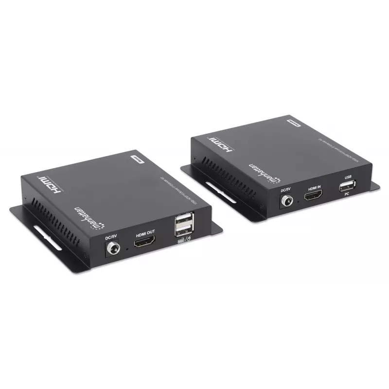 Manhattan 1080p HDMI KVM over IP Extender Kit, extiende señal 1080p@60Hz hasta 120 m con un solo cable Ethernet Cat6 o una red con IP, transmisor y receptor, conectores USB-A para PC/ratón/teclado, negro, tres años de garantía