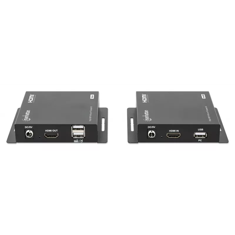 Manhattan 1080p HDMI KVM over IP Extender Kit, extiende señal 1080p@60Hz hasta 120 m con un solo cable Ethernet Cat6 o una red con IP, transmisor y receptor, conectores USB-A para PC/ratón/teclado, negro, tres años de garantía