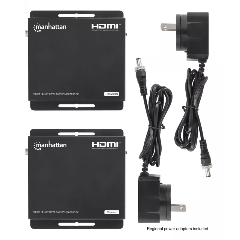 Manhattan 1080p HDMI KVM over IP Extender Kit, extiende señal 1080p@60Hz hasta 120 m con un solo cable Ethernet Cat6 o una red con IP, transmisor y receptor, conectores USB-A para PC/ratón/teclado, negro, tres años de garantía