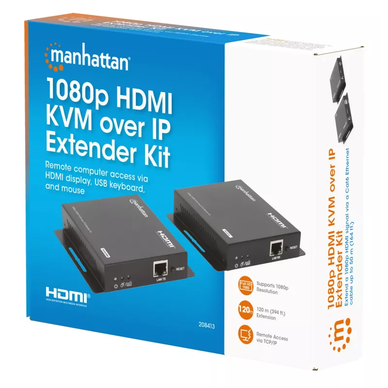 Manhattan 1080p HDMI KVM over IP Extender Kit, extiende señal 1080p@60Hz hasta 120 m con un solo cable Ethernet Cat6 o una red con IP, transmisor y receptor, conectores USB-A para PC/ratón/teclado, negro, tres años de garantía